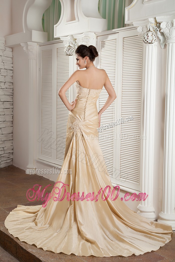 Trendy Appliqued and Ruched Champagne Princess Prom Gowns with Court Train