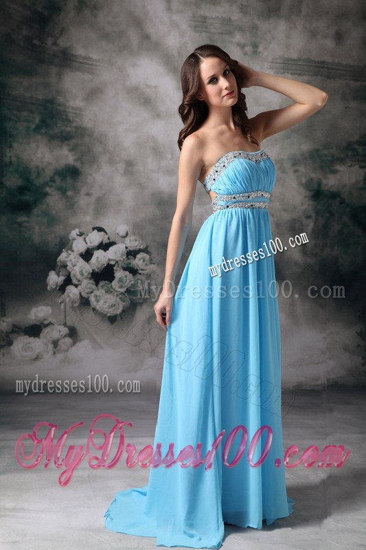 Beaded Floor-length Baby Pink Chiffon Prom Dresses with The Back Cut Out