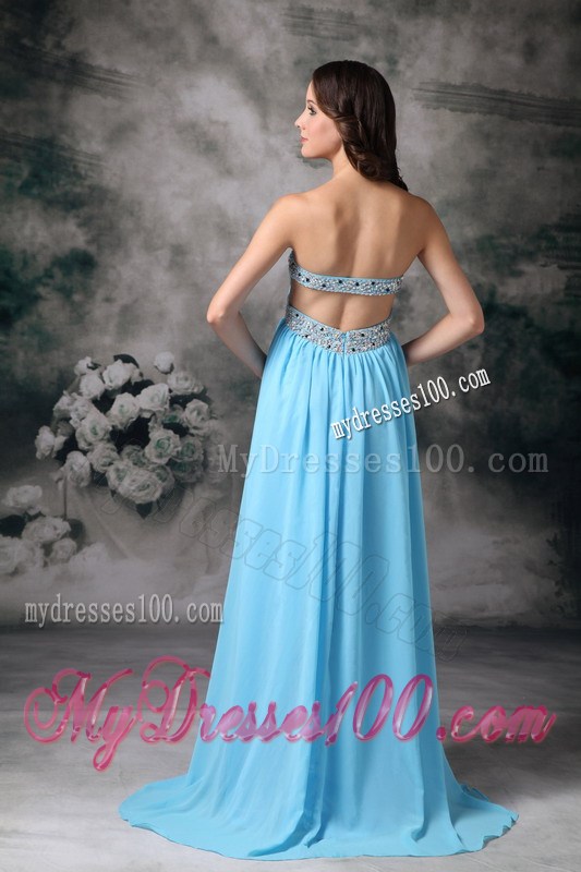 Beaded Floor-length Baby Pink Chiffon Prom Dresses with The Back Cut Out