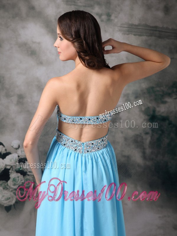 Beaded Floor-length Baby Pink Chiffon Prom Dresses with The Back Cut Out