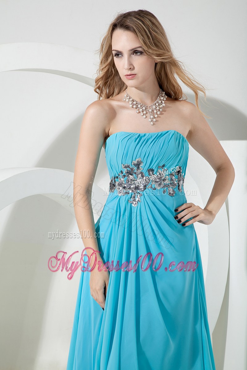 Ankle-length Aqua Strapless High Slit Prom Evening Dress with Appliques
