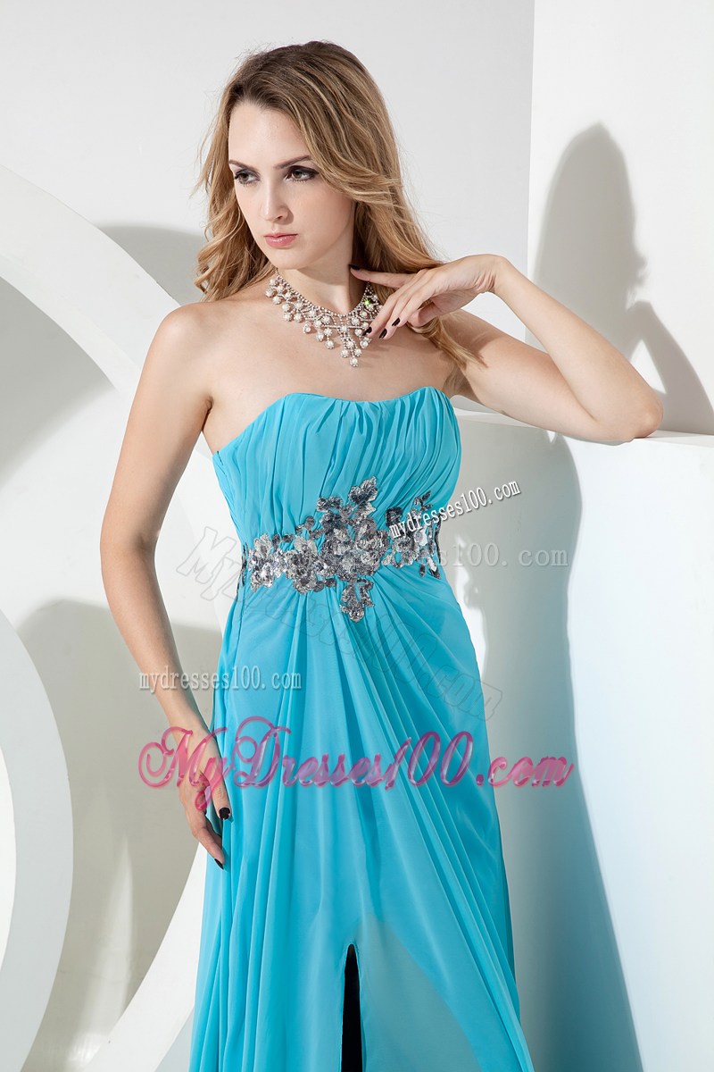 Ankle-length Aqua Strapless High Slit Prom Evening Dress with Appliques