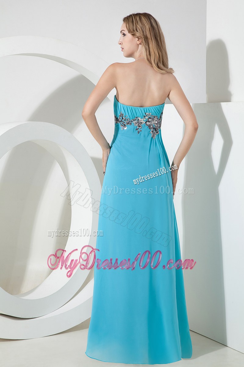 Ankle-length Aqua Strapless High Slit Prom Evening Dress with Appliques