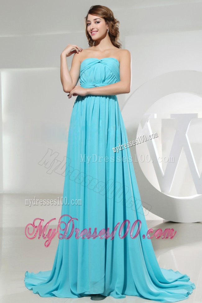 Strapless Ruche Decorated Elegant Brush Train Blue Prom Dresses
