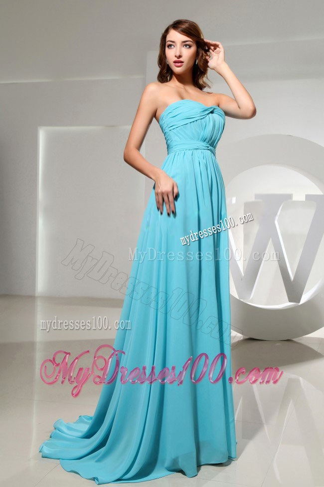 Strapless Ruche Decorated Elegant Brush Train Blue Prom Dresses
