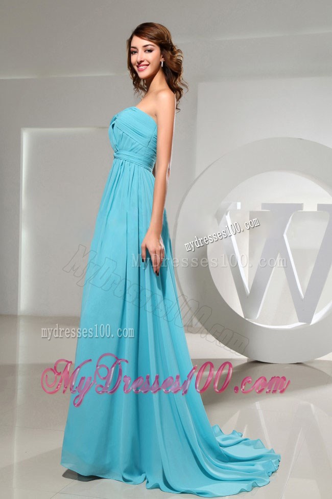 Strapless Ruche Decorated Elegant Brush Train Blue Prom Dresses