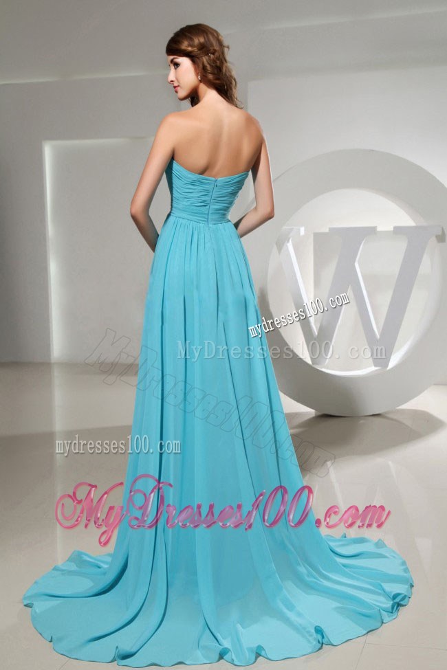 Strapless Ruche Decorated Elegant Brush Train Blue Prom Dresses