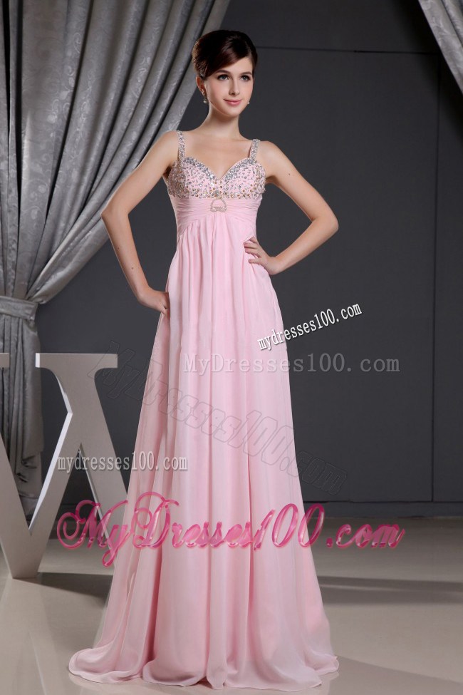 Simple Straps Baby Pink Beading Decorated Prom Evening Dress