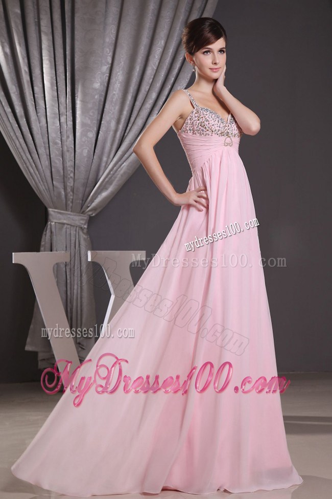 Simple Straps Baby Pink Beading Decorated Prom Evening Dress