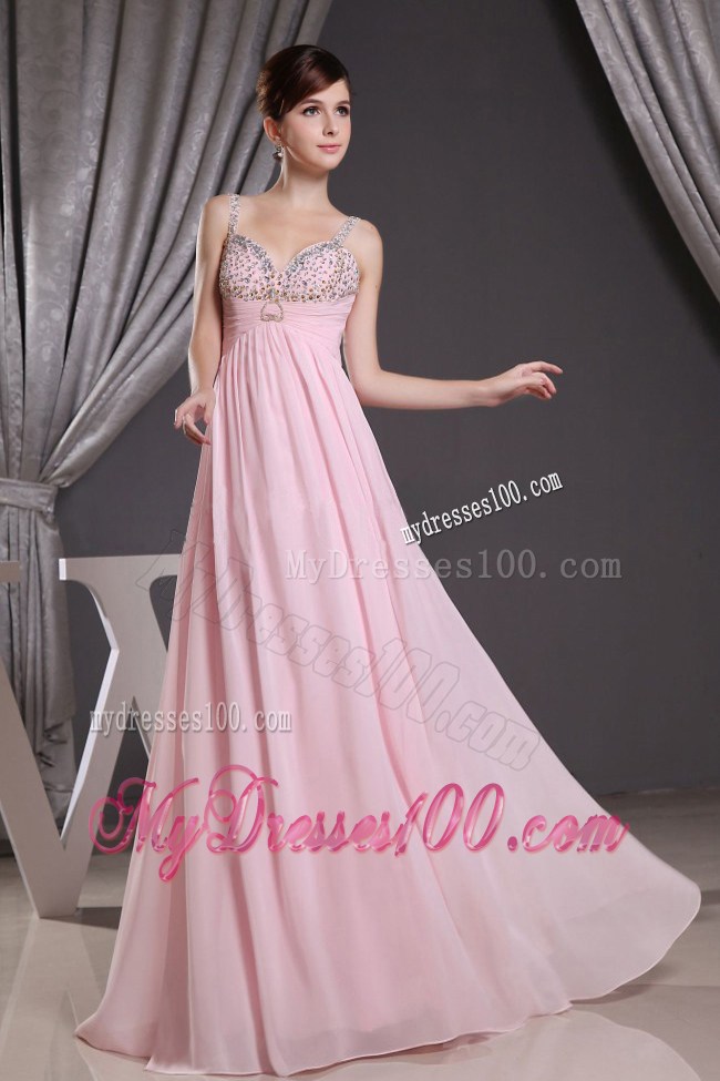 Simple Straps Baby Pink Beading Decorated Prom Evening Dress