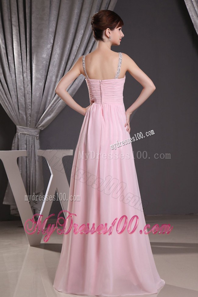 Simple Straps Baby Pink Beading Decorated Prom Evening Dress
