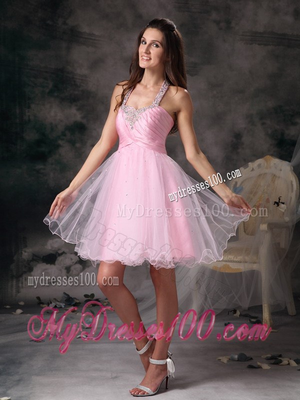 Halter Top Pink Column Short Prom Homecoming Dress with Beading