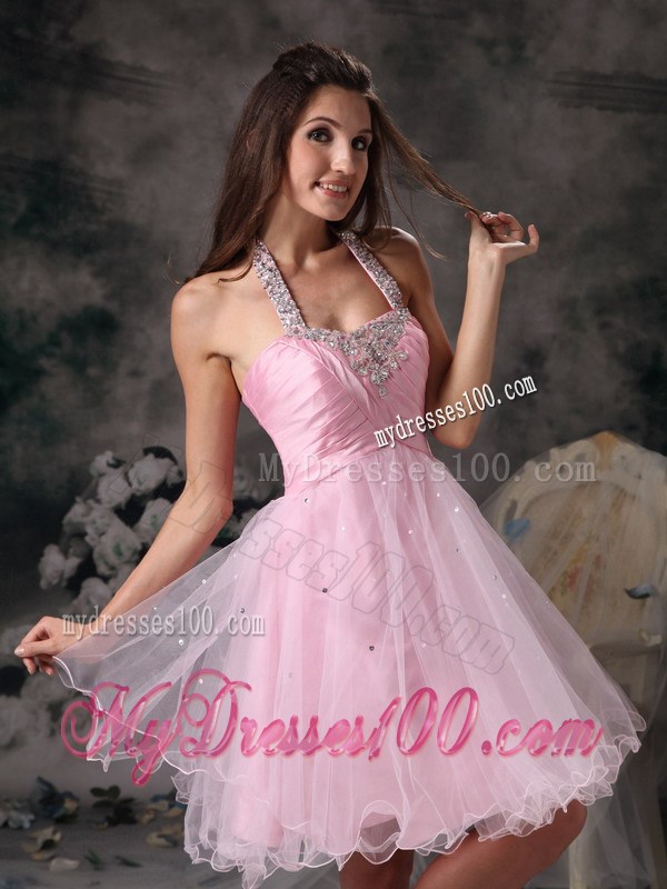 Halter Top Pink Column Short Prom Homecoming Dress with Beading