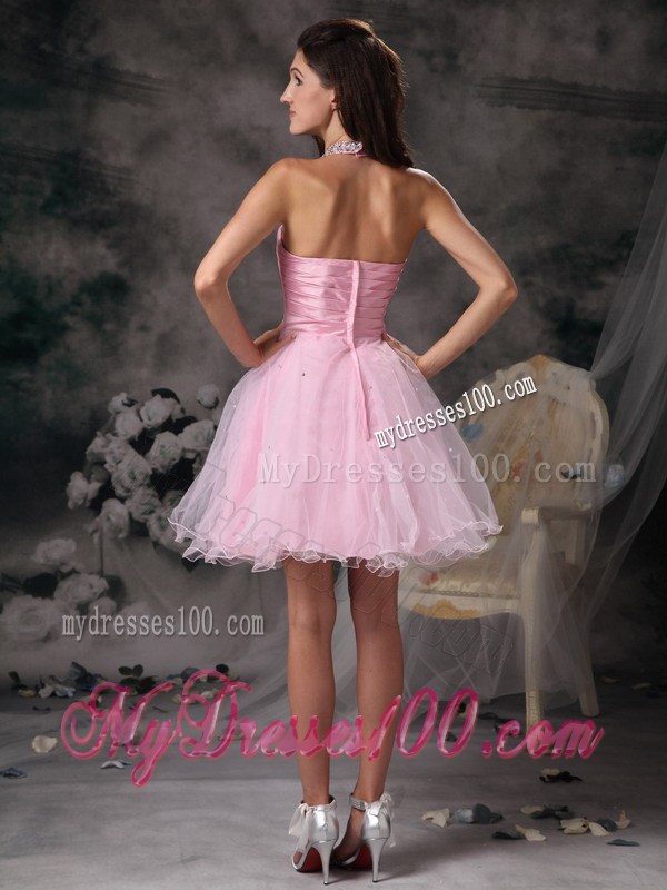 Halter Top Pink Column Short Prom Homecoming Dress with Beading