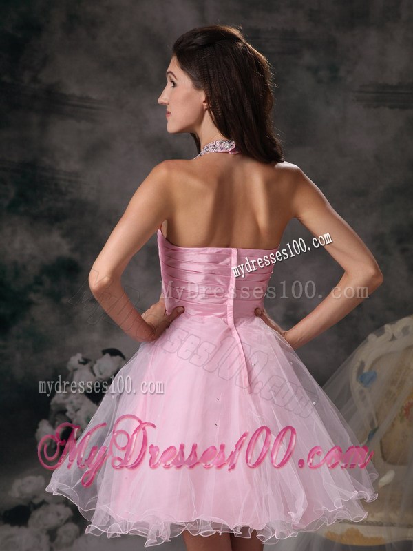 Halter Top Pink Column Short Prom Homecoming Dress with Beading