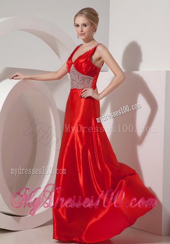 Modest Straps Red A-line V-neck Prom Homecoming Dress with Beading