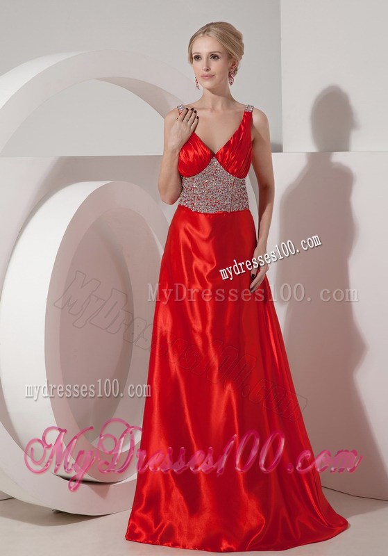 Modest Straps Red A-line V-neck Prom Homecoming Dress with Beading