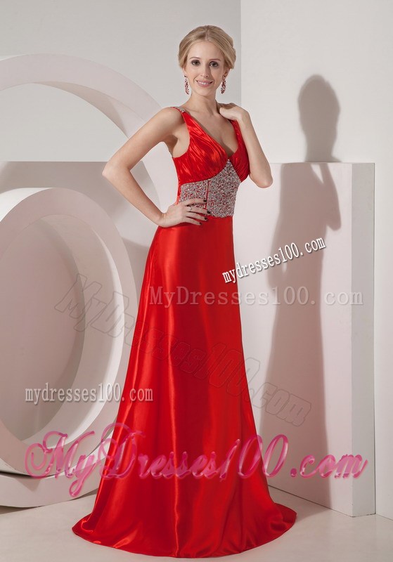 Modest Straps Red A-line V-neck Prom Homecoming Dress with Beading