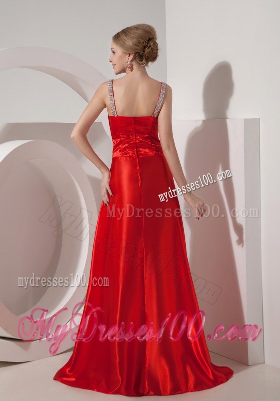 Modest Straps Red A-line V-neck Prom Homecoming Dress with Beading