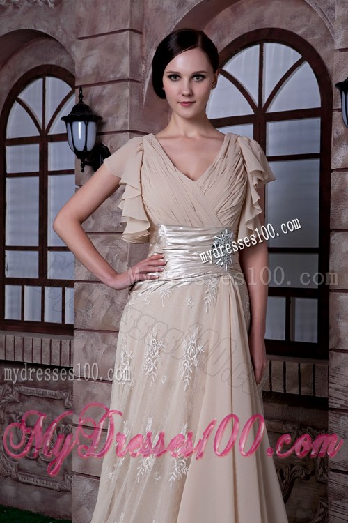 Champagne V-neck Chiffon and Lace Prom Dress with Short Sleeves and Belt