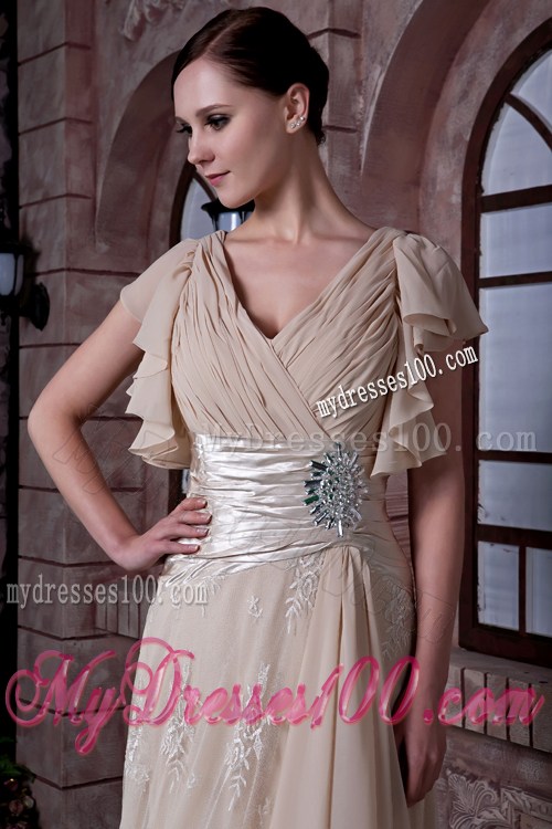 Champagne V-neck Chiffon and Lace Prom Dress with Short Sleeves and Belt