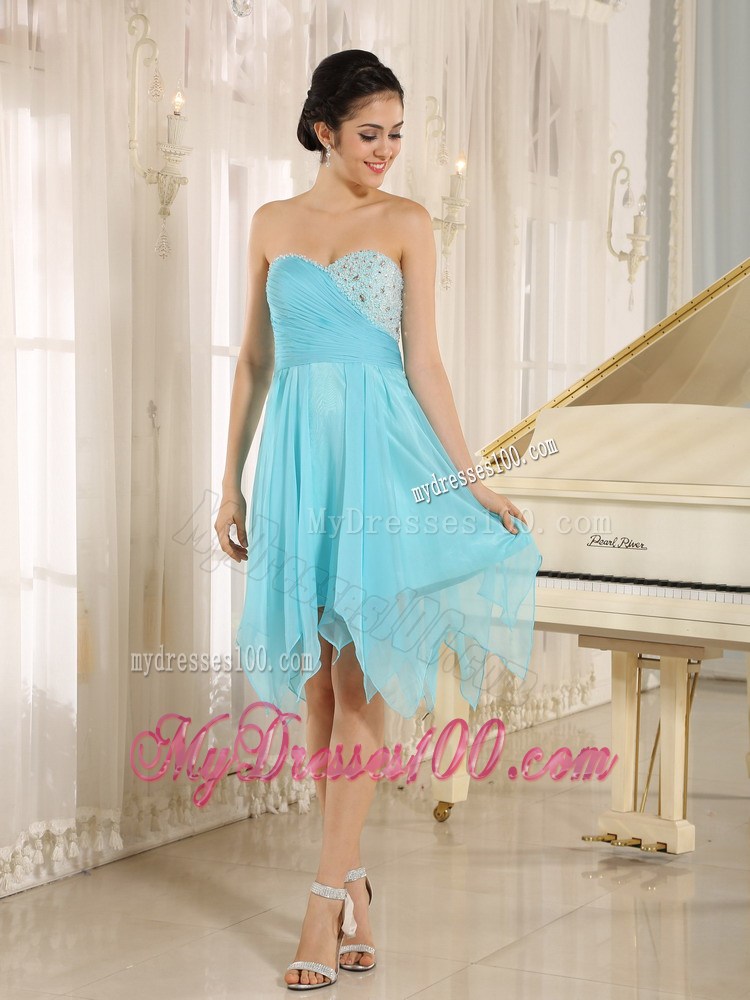Mini-length Aqua Sweetheart Asymmetrical Prom Dresses with Beading