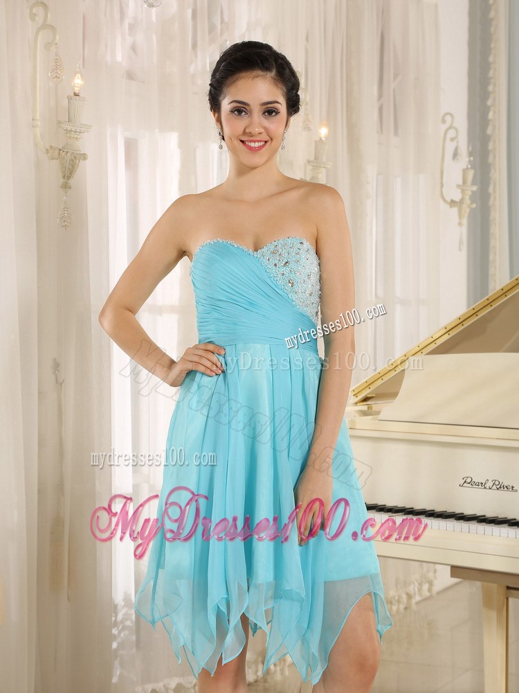 Mini-length Aqua Sweetheart Asymmetrical Prom Dresses with Beading