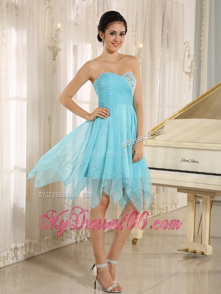 Mini-length Aqua Sweetheart Asymmetrical Prom Dresses with Beading