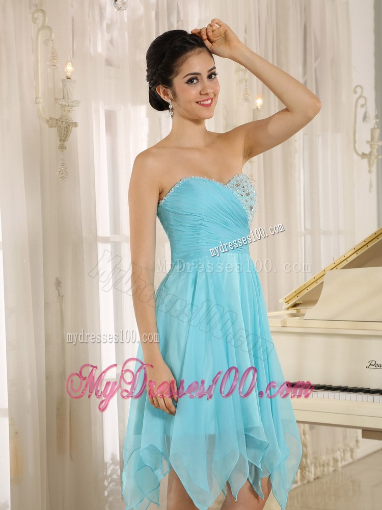 Mini-length Aqua Sweetheart Asymmetrical Prom Dresses with Beading