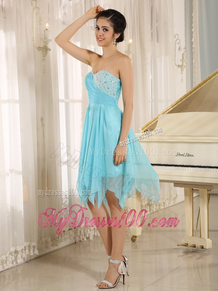 Mini-length Aqua Sweetheart Asymmetrical Prom Dresses with Beading