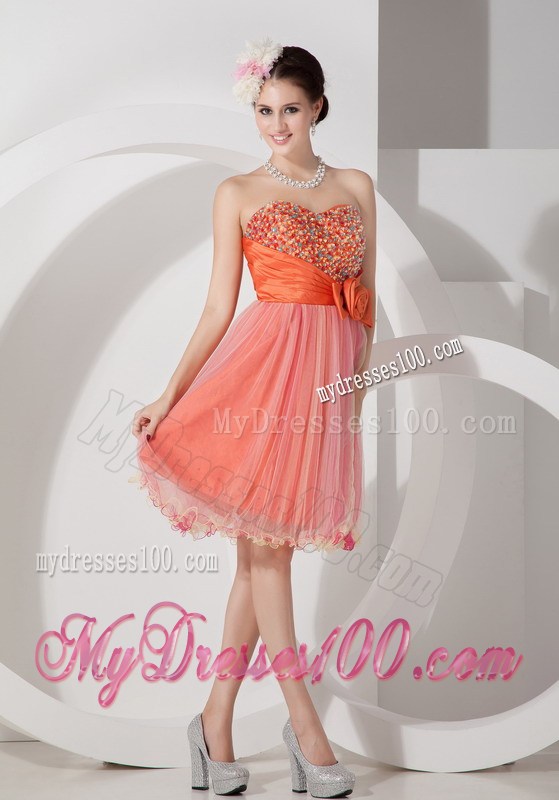 Knee-length Orange Tulle Prom Gowns with Beading and Flower Accent Belt