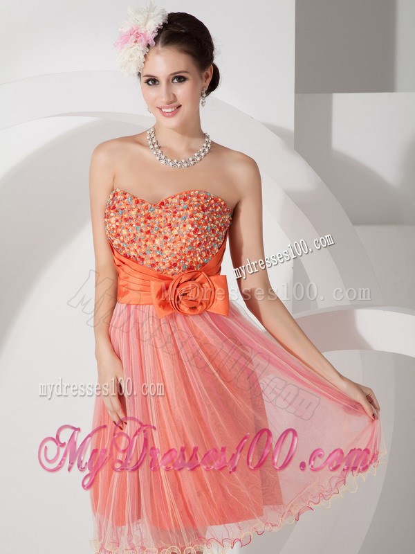 Knee-length Orange Tulle Prom Gowns with Beading and Flower Accent Belt