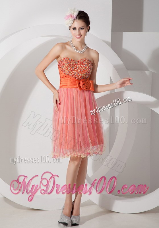 Knee-length Orange Tulle Prom Gowns with Beading and Flower Accent Belt