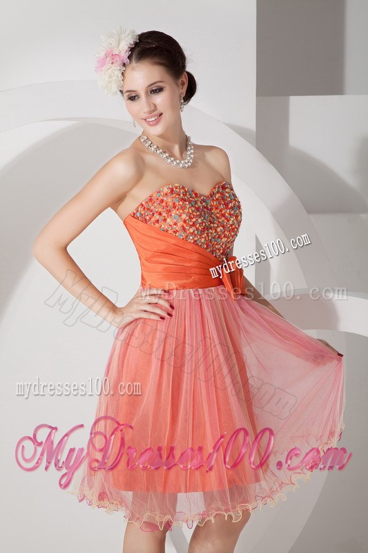 Knee-length Orange Tulle Prom Gowns with Beading and Flower Accent Belt