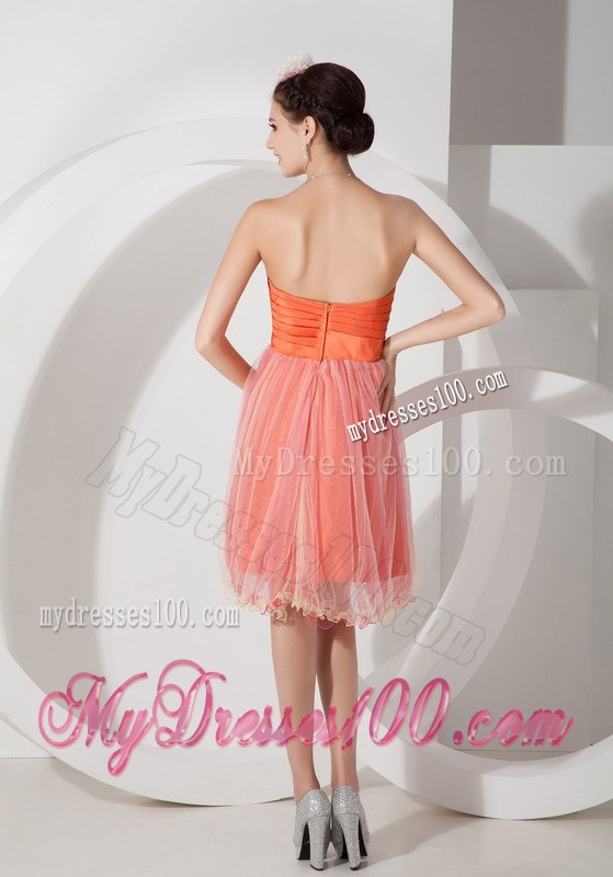 Knee-length Orange Tulle Prom Gowns with Beading and Flower Accent Belt