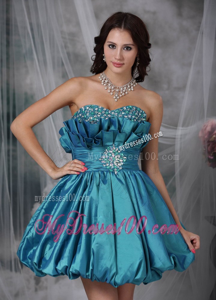Teal A-line Sweetheart Mini-length Taffeta Beading Decorate Prom Dress