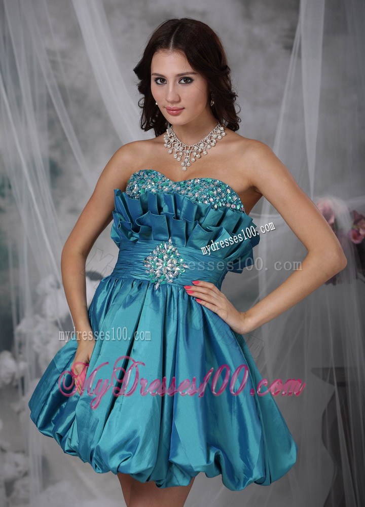 Teal A-line Sweetheart Mini-length Taffeta Beading Decorate Prom Dress