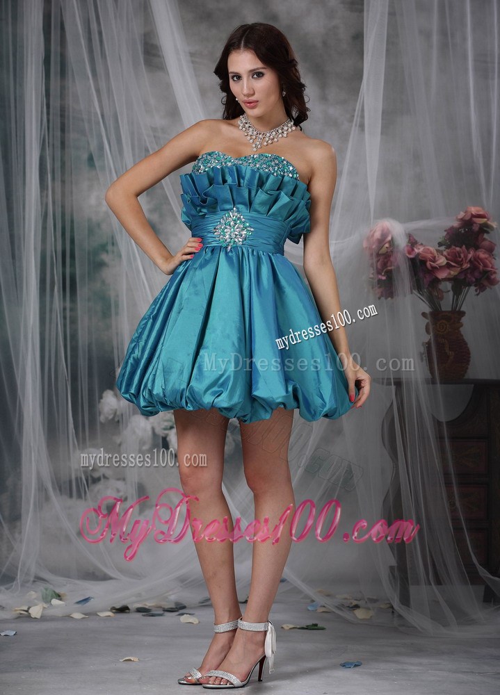 Teal A-line Sweetheart Mini-length Taffeta Beading Decorate Prom Dress