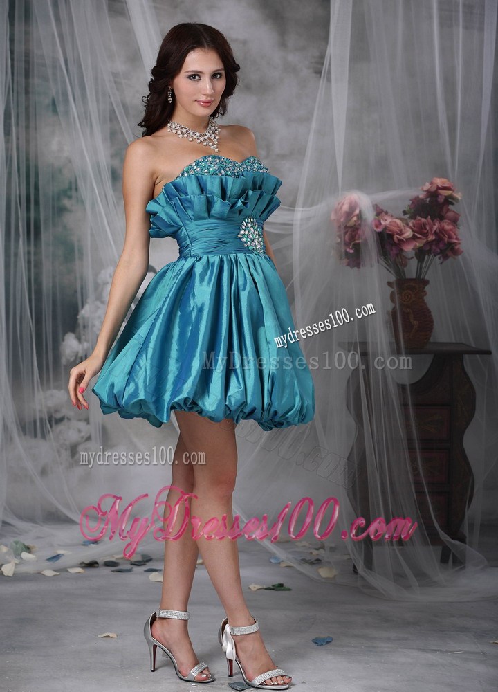 Teal A-line Sweetheart Mini-length Taffeta Beading Decorate Prom Dress