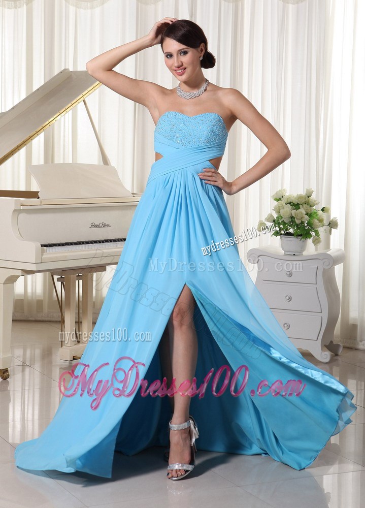 Aqua Blue Sweetheart High Slit Beaded Prom Dress with The Back Out