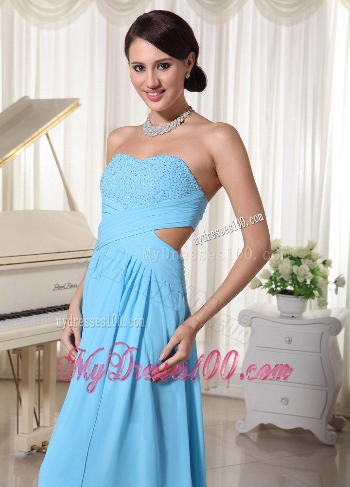 Aqua Blue Sweetheart High Slit Beaded Prom Dress with The Back Out