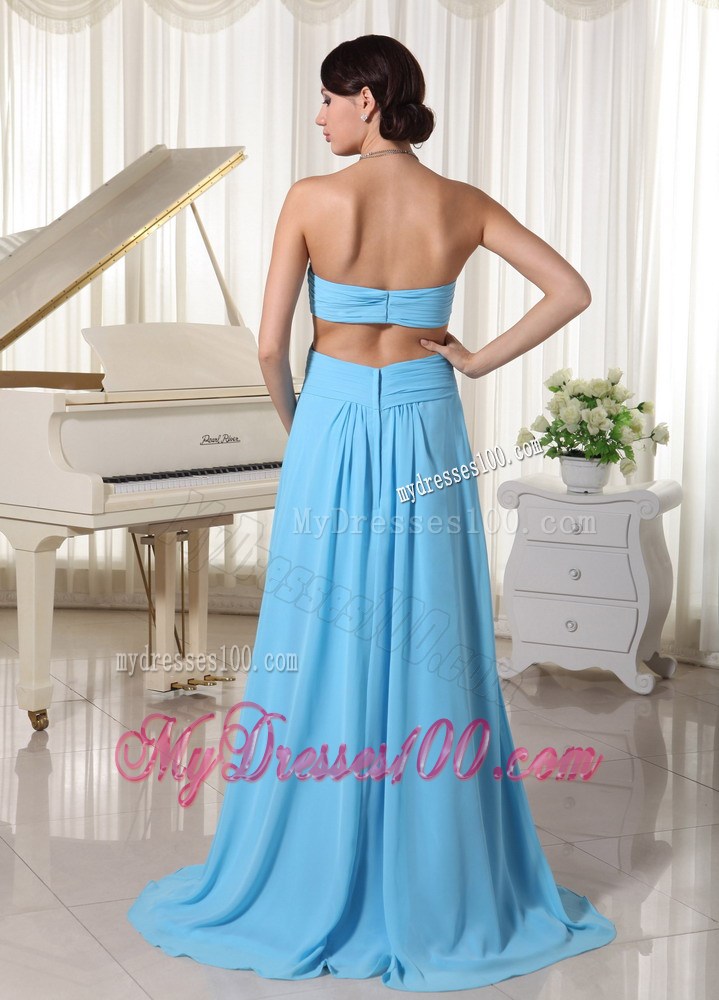 Aqua Blue Sweetheart High Slit Beaded Prom Dress with The Back Out