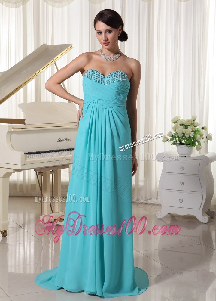 Aqua Blue Sweetheart Brush Train Prom Dress with Ruche and Beading
