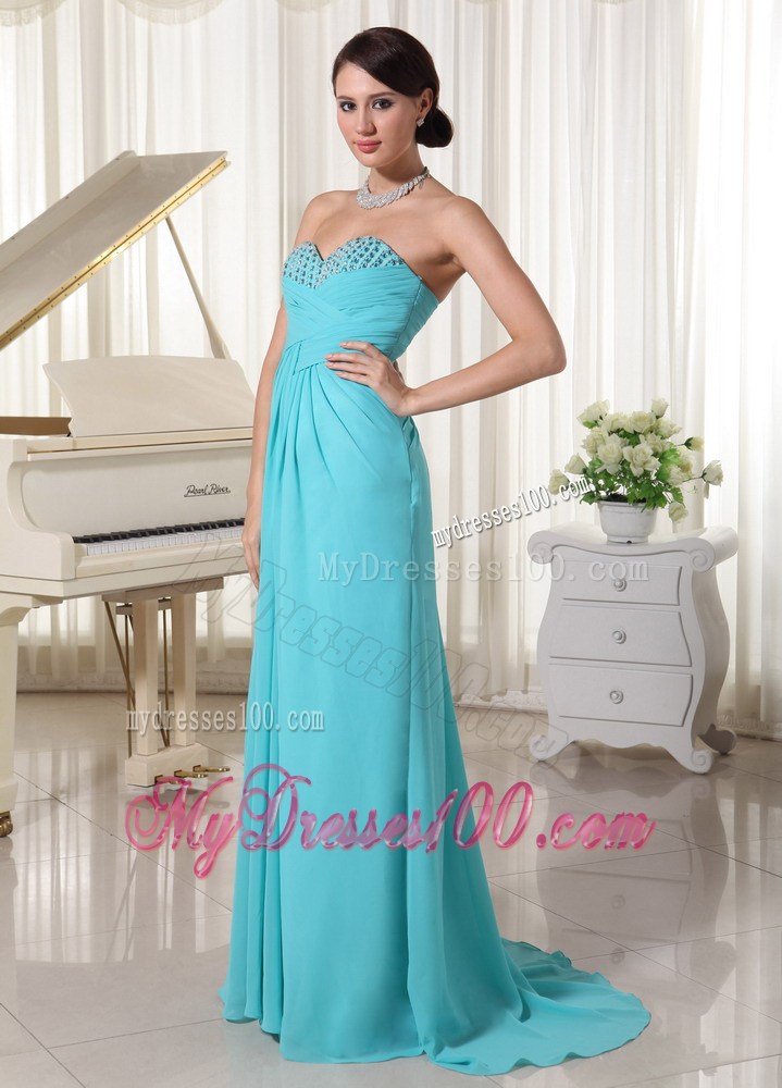 Aqua Blue Sweetheart Brush Train Prom Dress with Ruche and Beading