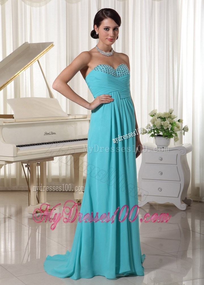Aqua Blue Sweetheart Brush Train Prom Dress with Ruche and Beading
