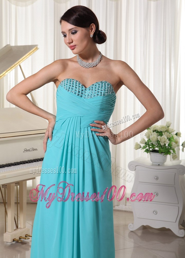 Aqua Blue Sweetheart Brush Train Prom Dress with Ruche and Beading