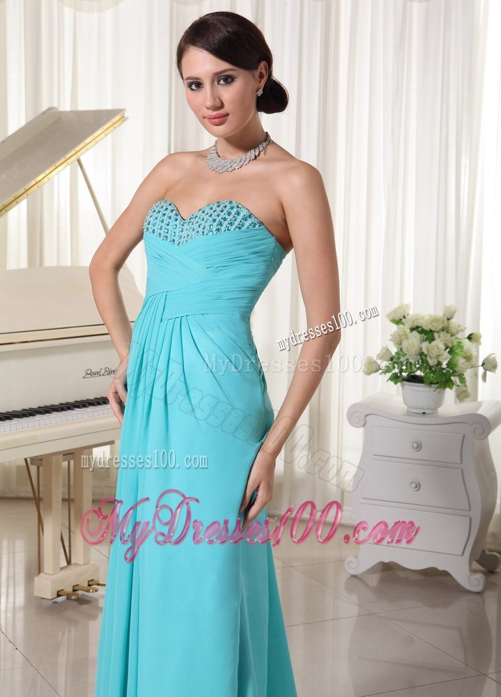 Aqua Blue Sweetheart Brush Train Prom Dress with Ruche and Beading