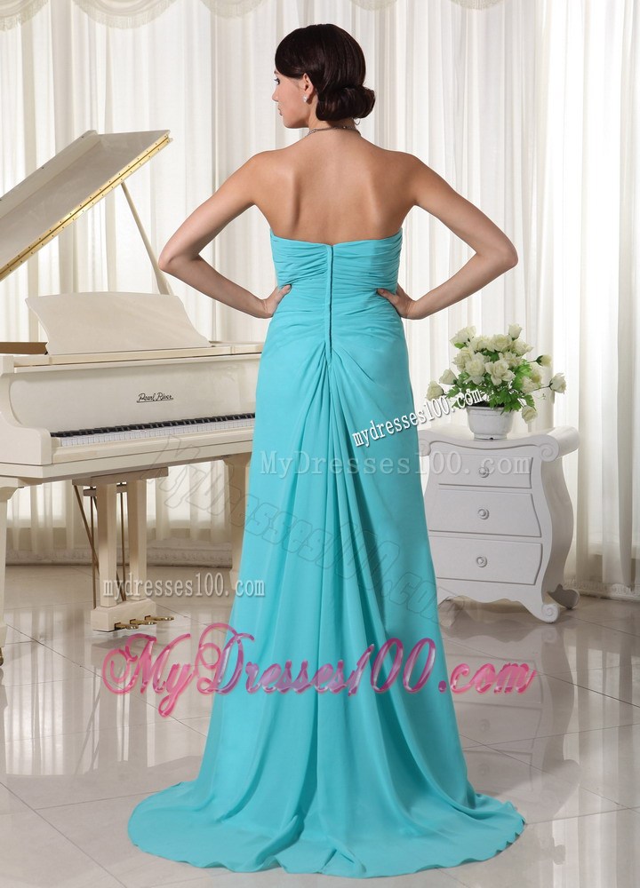 Aqua Blue Sweetheart Brush Train Prom Dress with Ruche and Beading