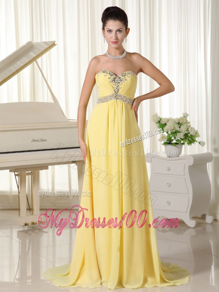 Beaded Decorate Bust and Waist Sweetheart Prom Dresses in Light Yellow