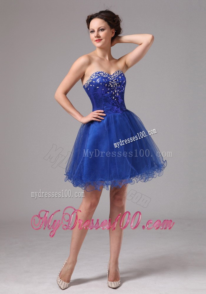 Beaded Sweetheart Mini-length Prom Dresses in Royal Blue Organza 2013